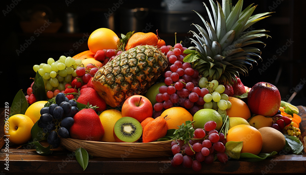 Nature basket  Fresh collection of ripe, organic fruit and vegetables generated by AI
