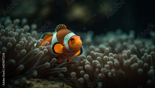 Colorful clown fish swim in vibrant coral reef undersea paradise generated by AI