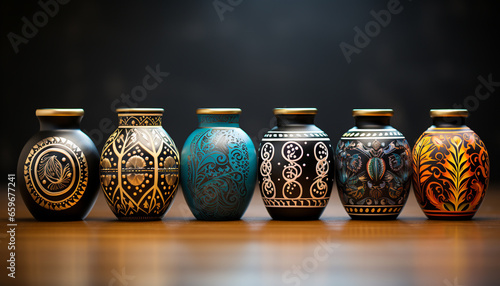 Antique pottery collection, ornate ceramics in a row, decorative urns generated by AI