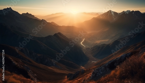 Majestic mountain range at dawn  a tranquil adventure in nature generated by AI