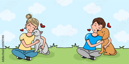 Happy child hugging and caressing domestic animals. Smiling boy sitting and hugging happy pet dog. Flat character vector illustration - Happy Girl Holding a Cat Vector Cartoon. Cute child having a pet