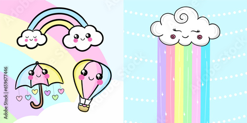 Cute set of sky elements. Umbrella. Air Balloon and Rainbow. - Rainbow and cloud with cute face