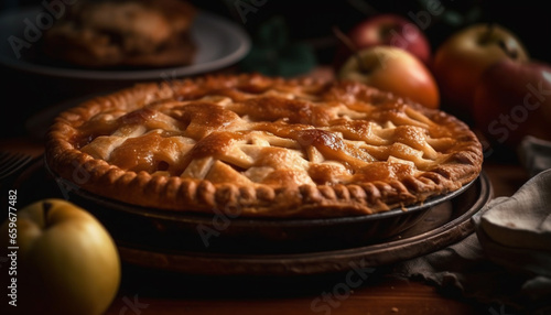 Freshly baked apple pie, a sweet indulgence on rustic table generated by AI