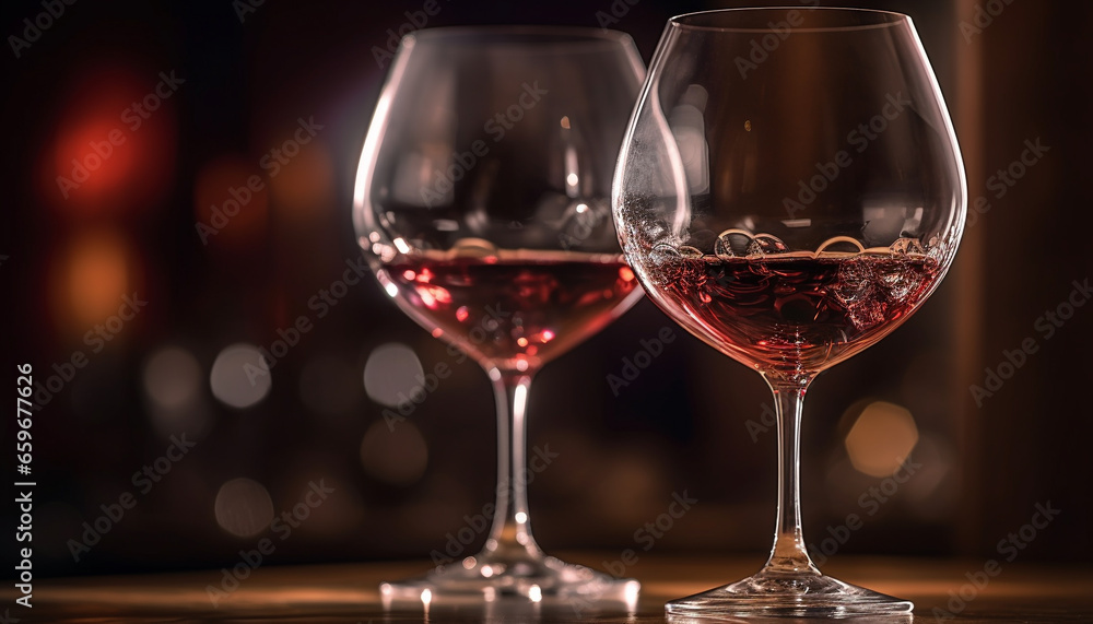 A luxurious celebration with red wine pouring into crystal glasses generated by AI
