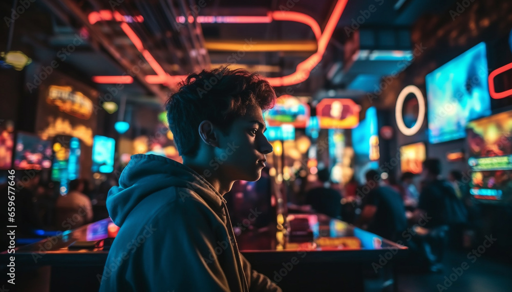 Smiling man enjoys nightlife at illuminated bar with drink establishment generated by AI