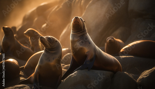 A group of cute fur seals resting on the rocks generated by AI