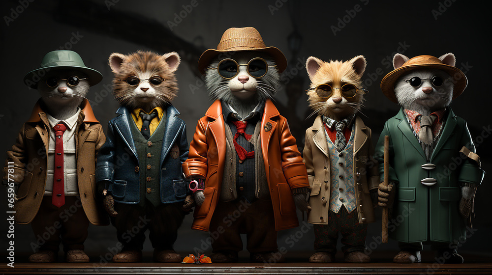 Group of animals in a coat and a hat on a dark background. Tiergruppe in Mantel und Hut auf dunklem Hintergrund. Group of animals in a coat and a hat on a dark background. Tiergruppe in Mantel und Hut auf dunklem Hintergrund.