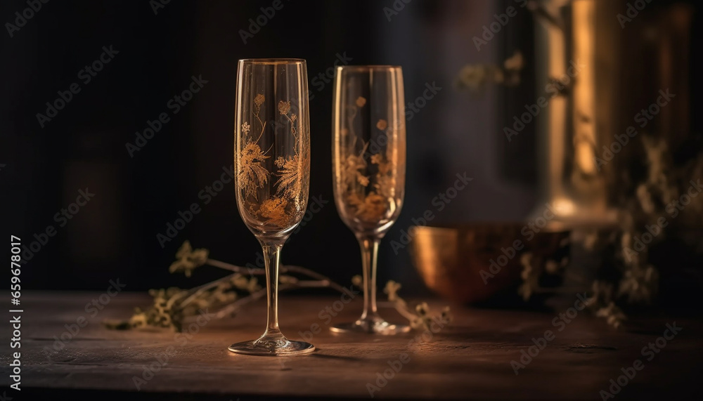 A luxurious celebration with wine, champagne, and elegant decorations generated by AI