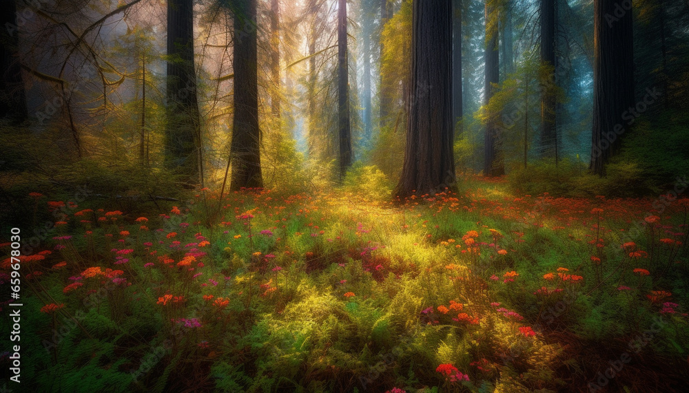 Obraz premium Vibrant autumn meadow, sun kissed wildflowers, tranquil beauty in nature generated by AI