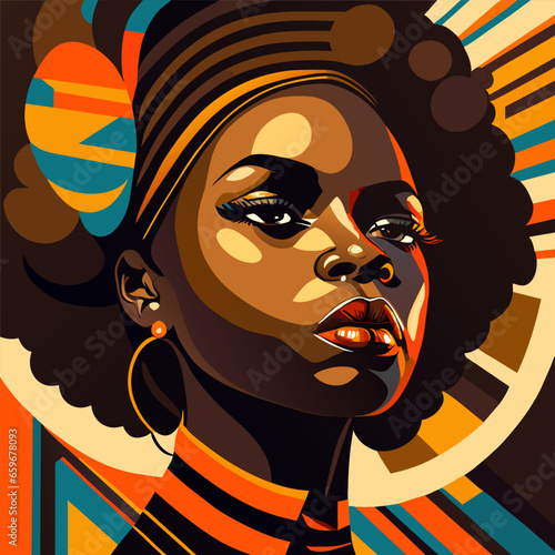 Black woman with a deep gaze and afro pop art style. Vector illustration. (ID: 659678093)