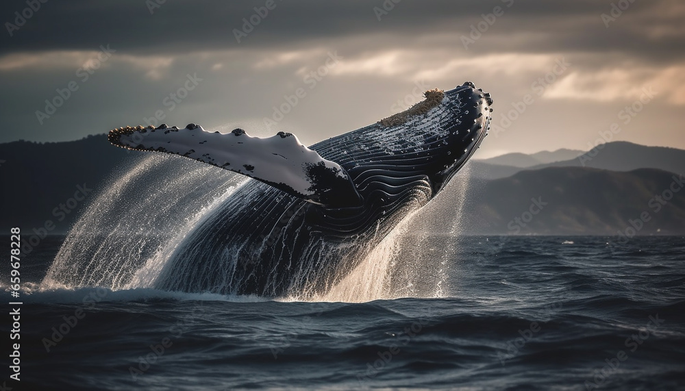 Majestic humpback whale splashing in blue water, tail in motion ...