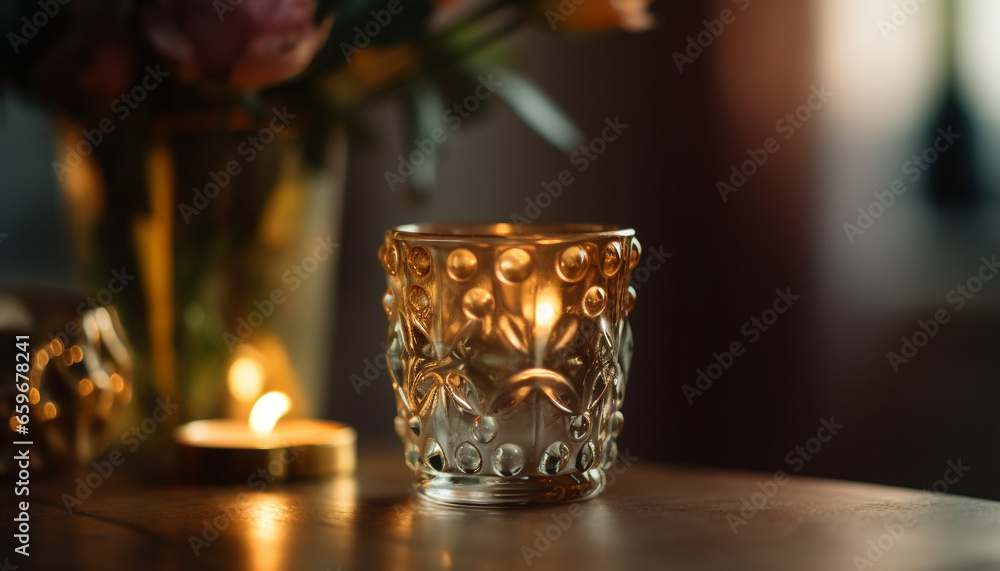 Candlelit wedding celebration elegant decor, wineglass centerpiece, romantic atmosphere generated by AI