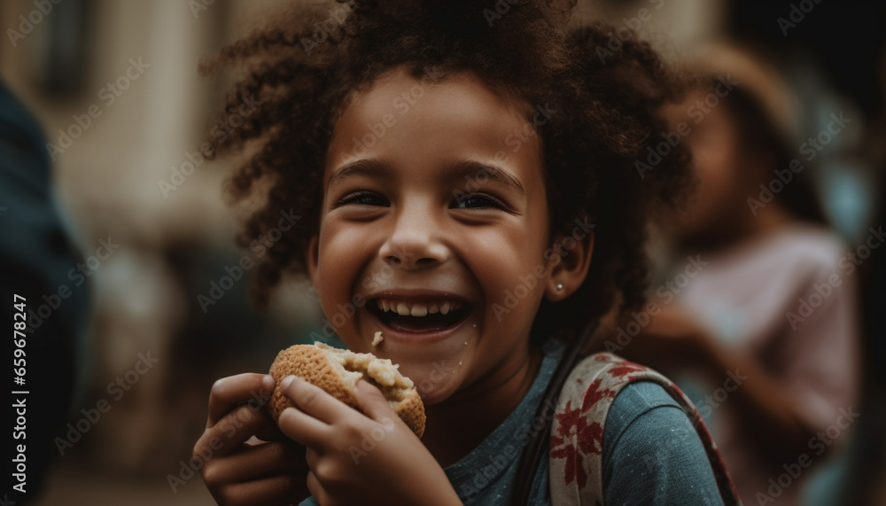 Smiling child enjoying sweet food outdoors with cheerful friends playing generated by AI