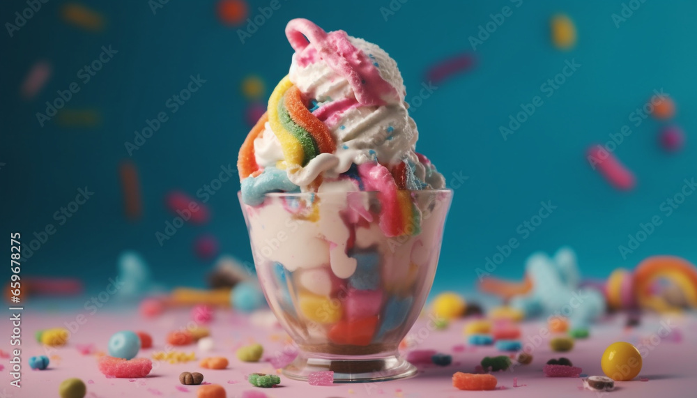 Child indulges in gourmet ice cream sundae with multi colored toppings generated by AI
