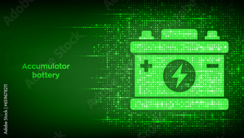 Accumulator battery icon made with electricity signs. Automobile accumulator. Green Energy. Charging point station. Battery power supply background. Vector illustration.