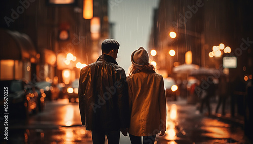 Young couple walking outdoors at night in the city, embracing generated by AI