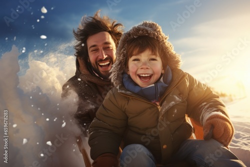 Snowy Adventure: A Father and Son Embracing the Joy of Sledding on a Sunny Winter Morning. © Ivy