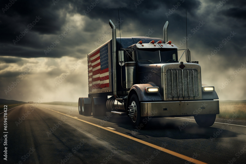 An iconic American truck speeding down a busy highway, surrounded by breathtaking scenery and trees. An iconic American truck speeding down a busy highway, surrounded by breathtaking scenery and trees.