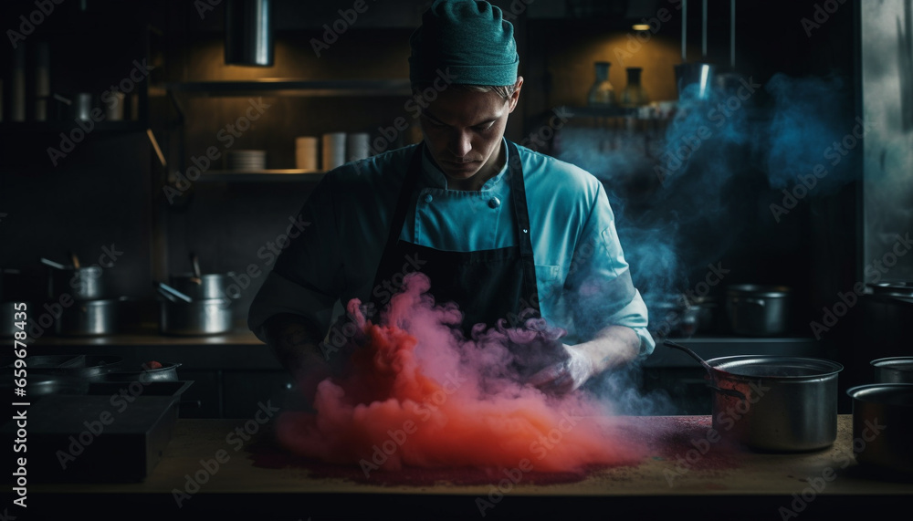 One caucasian chef, preparing gourmet meal in commercial kitchen generated by AI