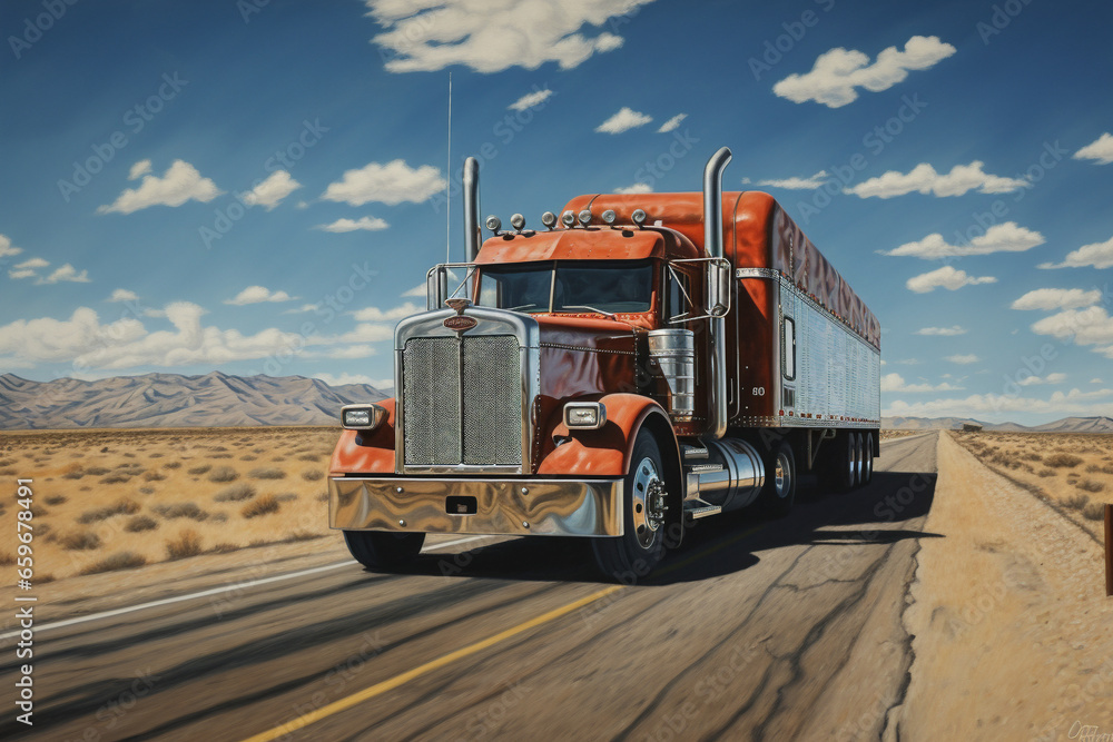 An American truck cruising at high speed on a scenic highway, AR 32, against a blue sky.