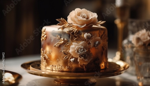 Indulgent chocolate wedding cake with elegant floral decoration and candlelight generated by AI
