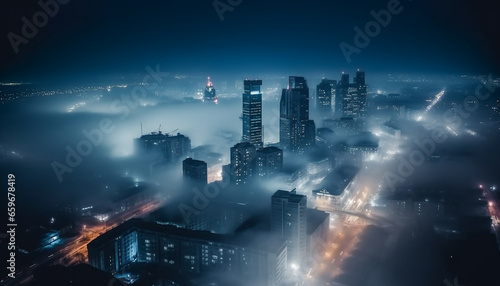 Futuristic cityscape at dusk, illuminated by blue lighting equipment generated by AI
