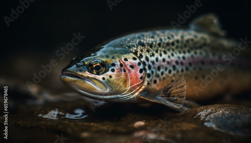 The spotted trout teeth glisten in the freshwater pond generated by AI
