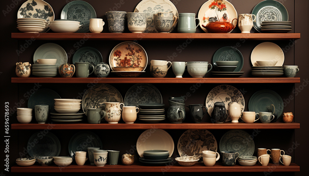 Earthenware collection on ornate shelf, a craft product souvenir generated by AI