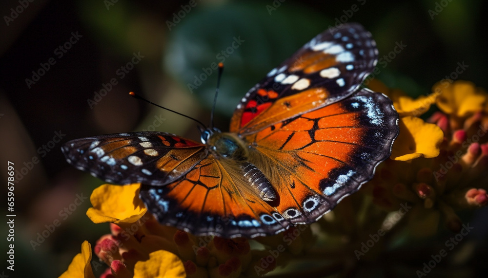Vibrant butterfly wing showcases natural beauty in multi colored pattern generated by AI Vibrant butterfly wing showcases natural beauty in multi colored pattern generated by AI