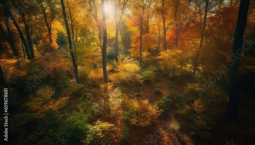 Vibrant autumn forest  tranquil sunrise  multi colored leaves  natural beauty generated by AI