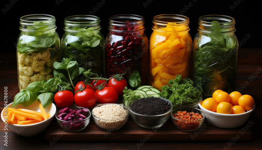 Fresh organic salad with healthy vegetables and herbs on wooden table generated by AI Fresh organic salad with healthy vegetables and herbs on wooden table generated by AI