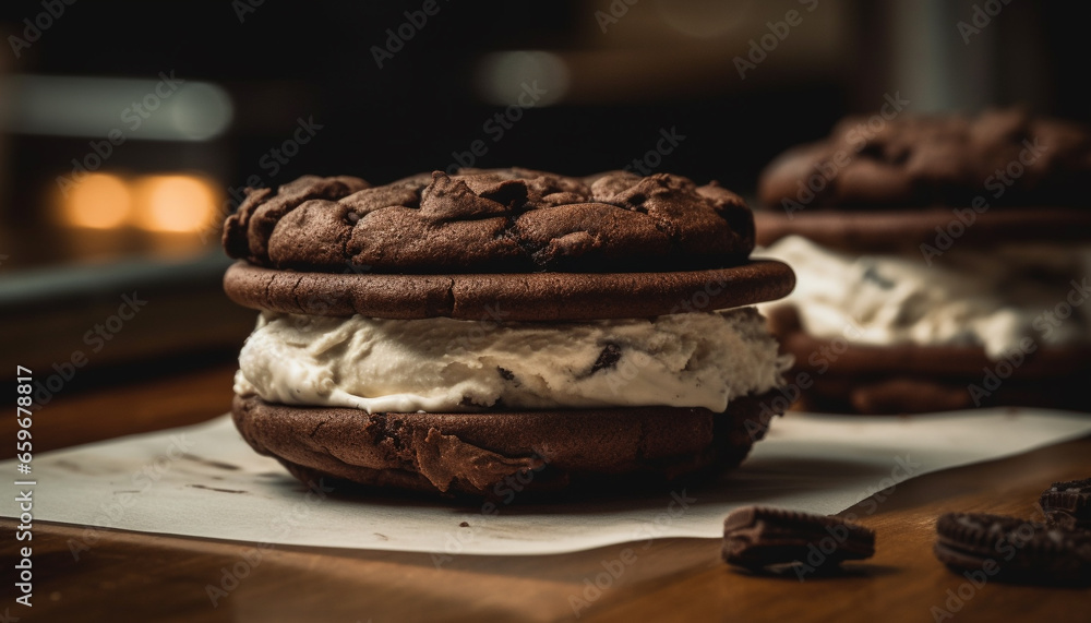 Indulgent homemade chocolate chip cookies stacked on rustic wooden plate generated by AI Indulgent homemade chocolate chip cookies stacked on rustic wooden plate generated by AI