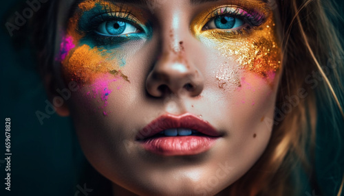 A young woman beauty illuminated by vibrant colors and glitter generated by AI