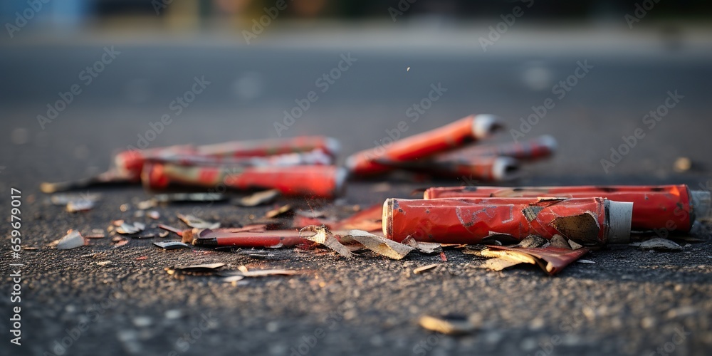 Used fireworks firecrackers lie on asphalt, concept of Spent pyrotechnics - obrazy, fototapety, plakaty 