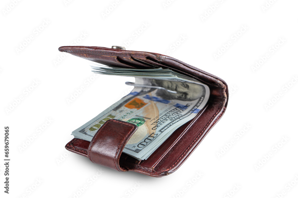 Pile of new design US dollar bills in brown wallet isolated on white, transparent background, PNG. Hundreds of dollar cash banknotes. Business, finance, bank, currency, economy, wealth concept. Pile of new design US dollar bills in brown wallet isolated on white, transparent background, PNG. Hundreds of dollar cash banknotes. Business, finance, bank, currency, economy, wealth concept.