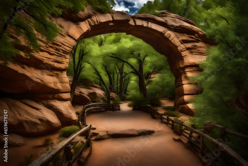 View of Jacob Hamblin Arch with green trees. photo