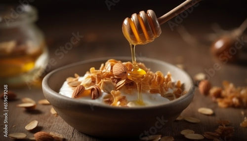 Organic honey poured over granola and fruit in wooden bowl generated by AI