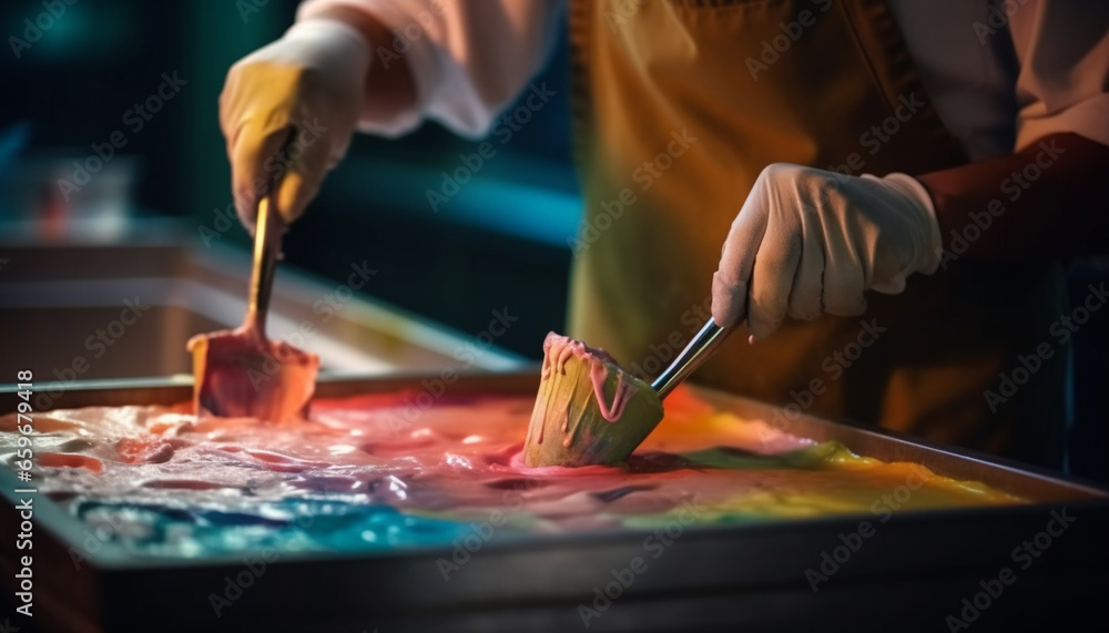 Fototapeta premium One person, a caucasian chef, skillfully prepares gourmet sweet dessert generated by AI