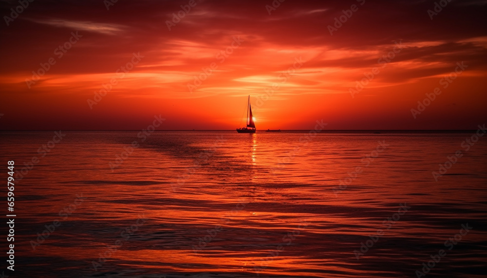 Sailing yacht glides on tranquil seascape, backlit by orange sunset generated by AI