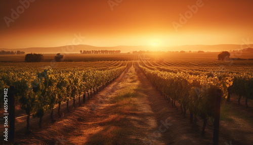 Golden vineyard rows glow in tranquil sunset, ripe for harvesting generated by AI