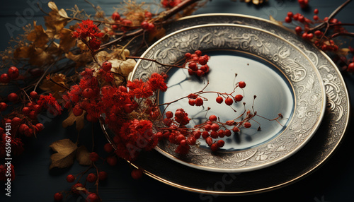 Ornate rowanberry branch decorates rustic wood plate for autumn celebration generated by AI