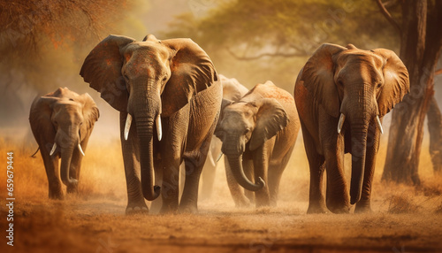 Large herd of African elephants walking in the tranquil savannah generated by AI