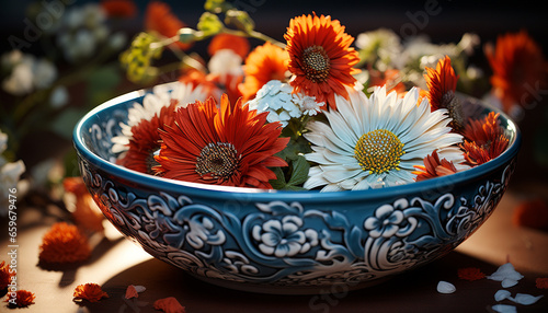 Rustic bouquet of gerbera daisies in an ornate flower pot generated by AI