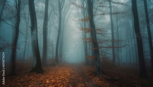 Spooky forest, mysterious fog, dark tree branch, autumn leaves falling generated by AI