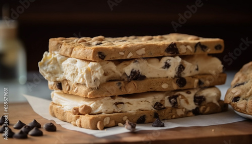Stack of homemade gourmet cookies with dark chocolate and almonds generated by AI