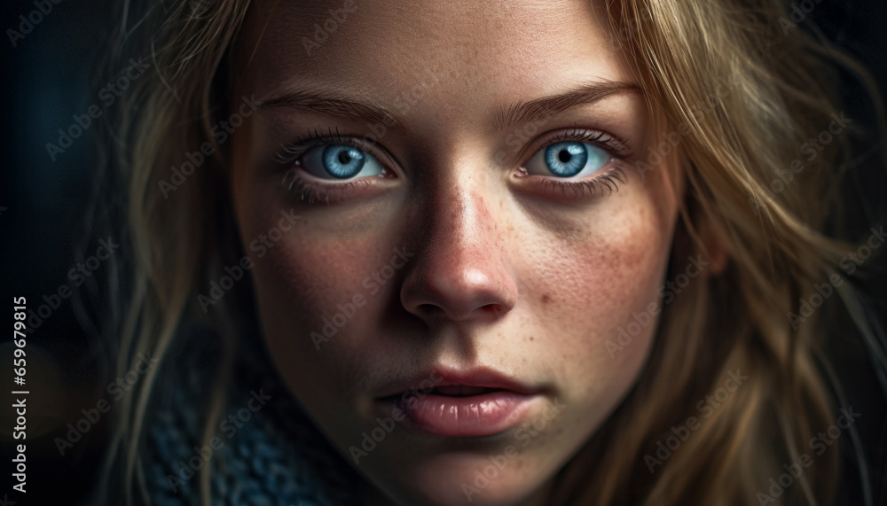 One young adult woman, with blond hair, looking at camera generated by AI One young adult woman, with blond hair, looking at camera generated by AI