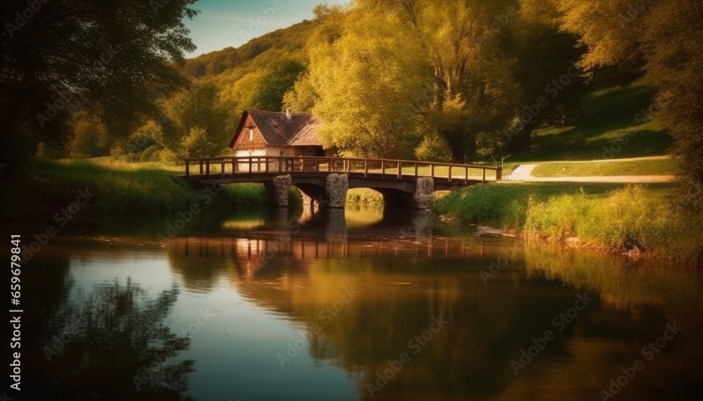 Obraz premium Tranquil scene of reflection on water in autumn forest landscape generated by AI