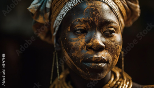 African woman elegance shines in traditional clothing and gold jewelry generated by AI
