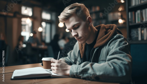 Young adult Caucasian male studying indoors at a table with books generated by AI
