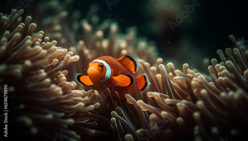 Close up of vibrant clown fish in natural reef environment underwater generated by AI